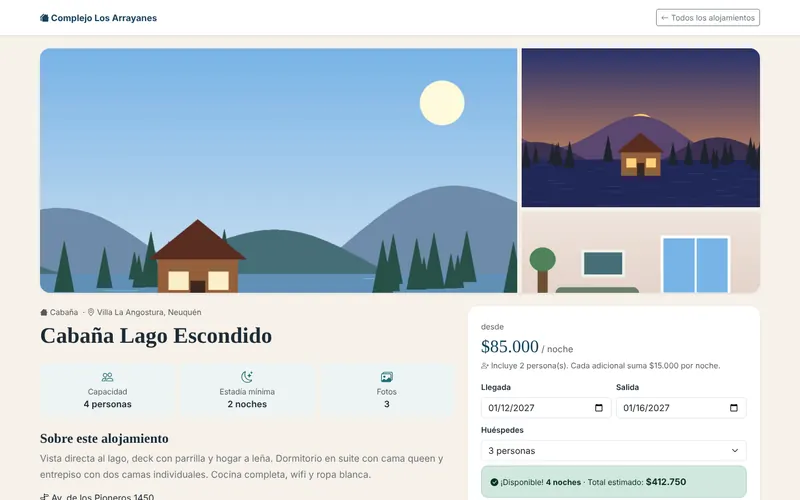 Ficha de alojamiento con cotización en vivo y formulario de reserva